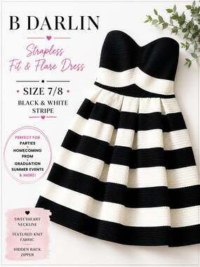 B Darlin Size 7/8 Strapless Fit Flare Dress Black White Stripe Party Prom